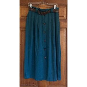 Truworths Womens S Teal Blue Button Front Belted Pleated Vintage Midi Skirt 80s